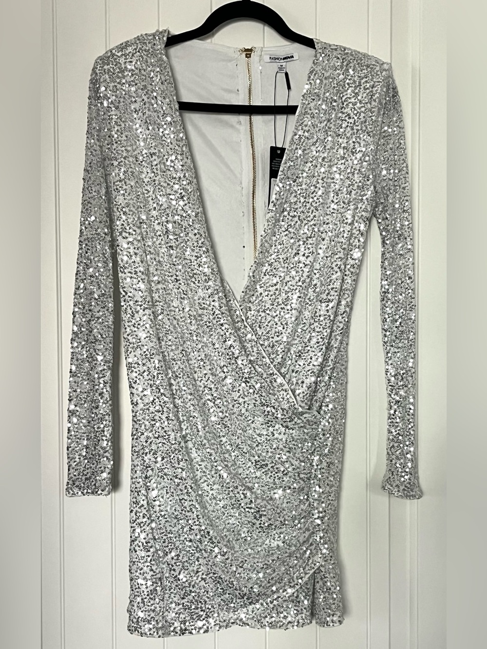 Silver Sequin Long-Sleeve Wrap Mini Dress